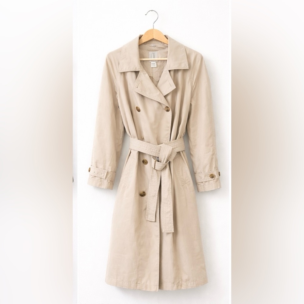 Women's Light Beige Double-Breasted Trench Coat with Tie Belt
